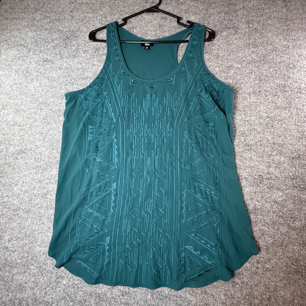 Mossimo Womens XL Teal Geometric Embroidered Racerback Tank Top Boho Curved Hem